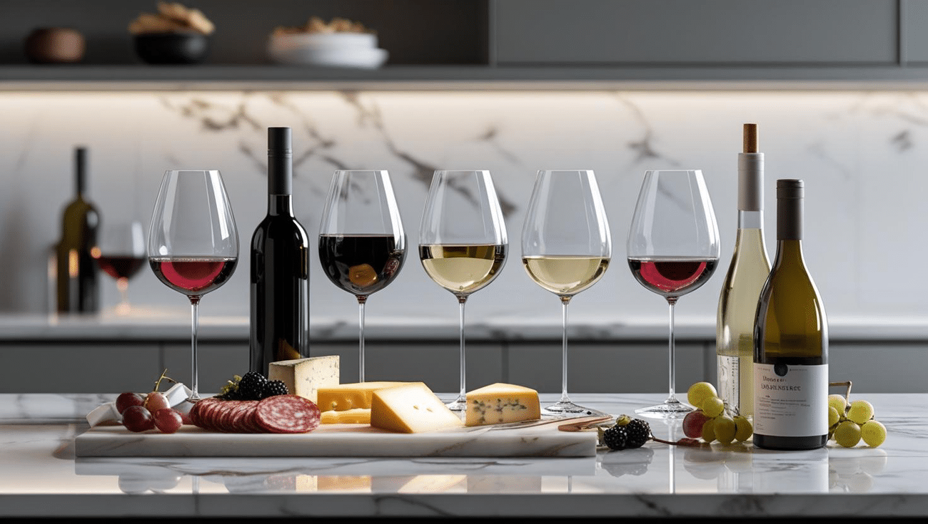 Modern wine tasting flat lay showcasing personalized wine club lifestyle