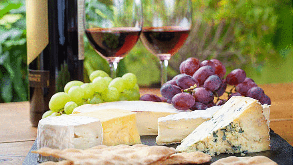 wine and cheese on board