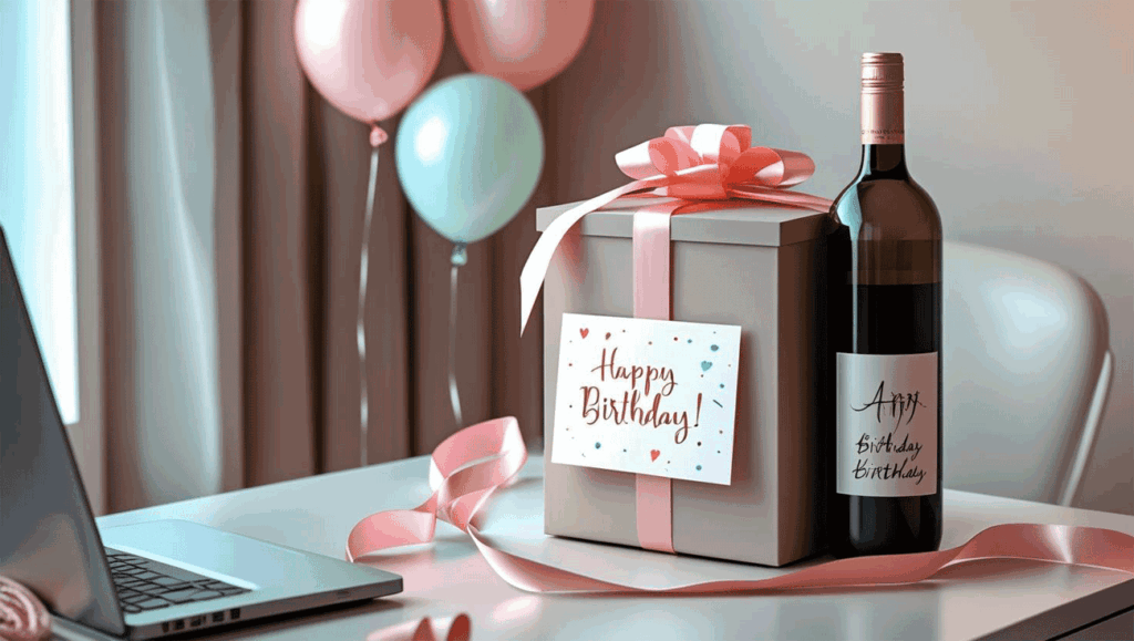 Birthday wine gift box for employee with ribbon and thank-you card on desk