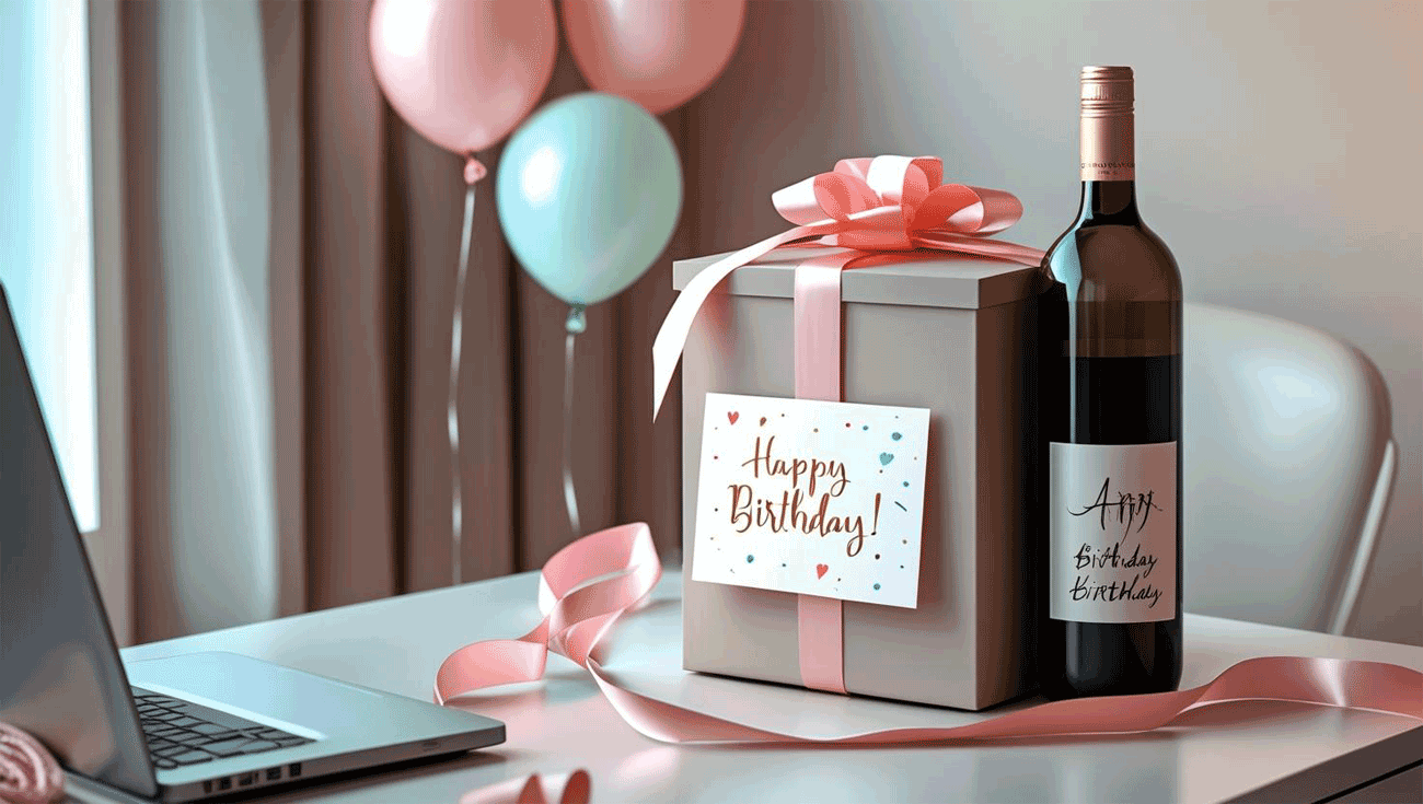 Birthday wine gift box for employee with ribbon and thank-you card on desk