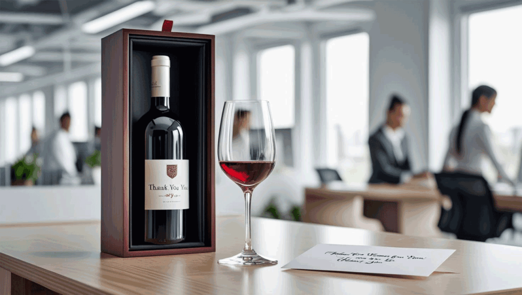 Wine gifts for small business clients with ribbon and thank-you message on desk