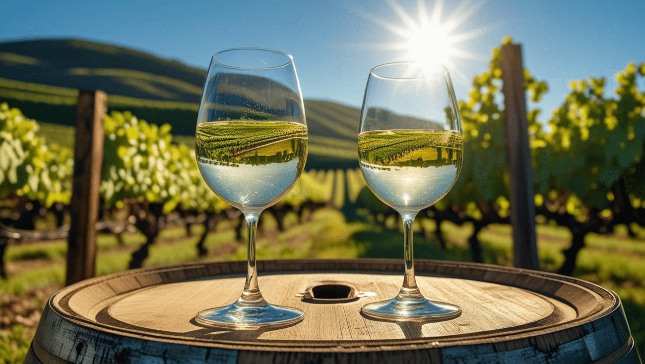 Best wine clubs for organic and natural wines – organic wine glasses with vineyard backdrop.
