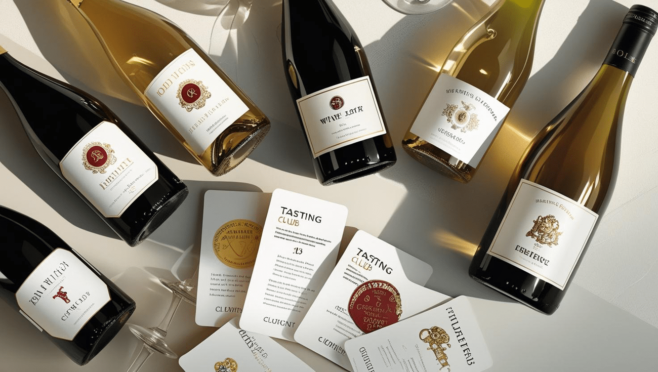 Flat lay of wine bottles and tasting cards from top wine clubs