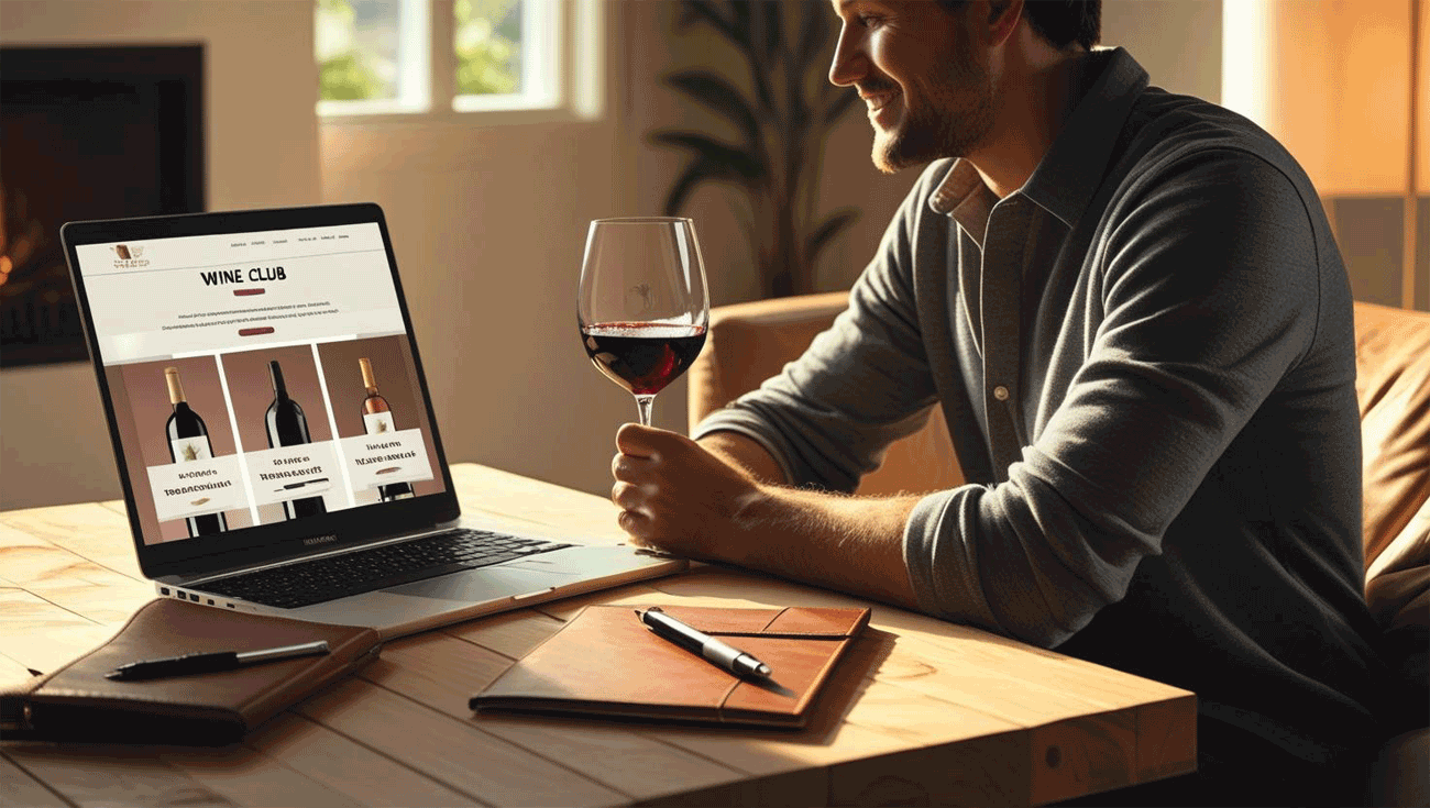 Person choosing the right wine club online with wine glass nearby