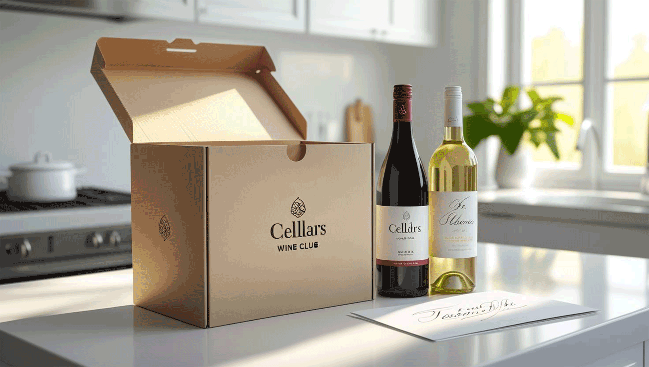 wine club subscription box with red and white wine bottles at home