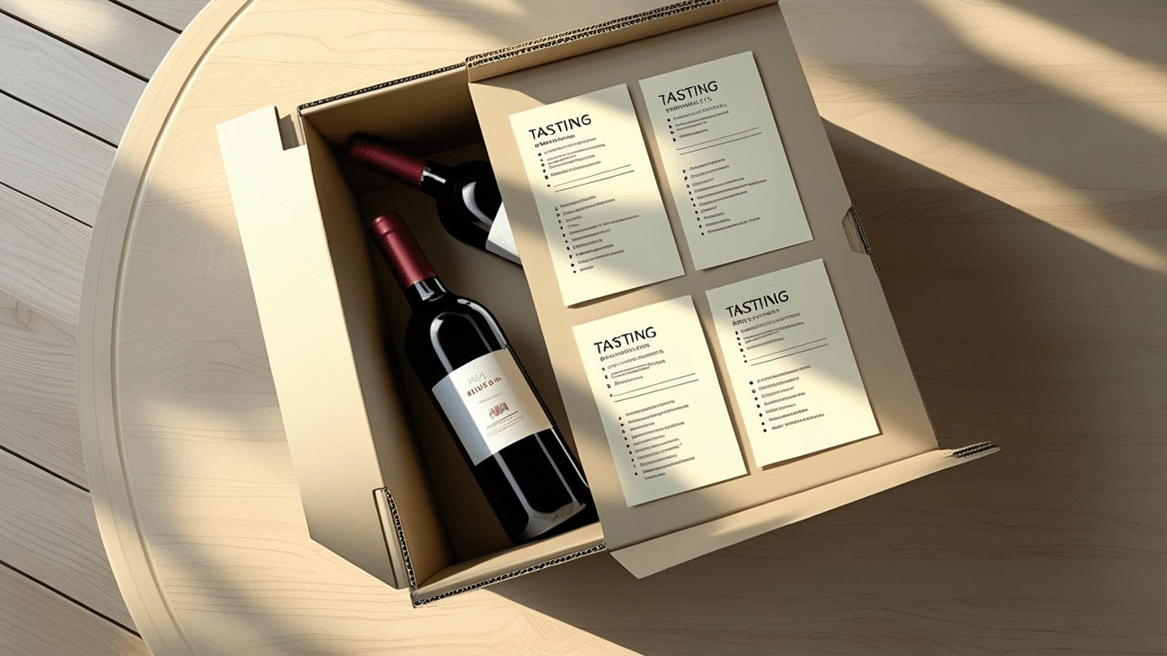 Wine club delivery box with two bottles and tasting notes