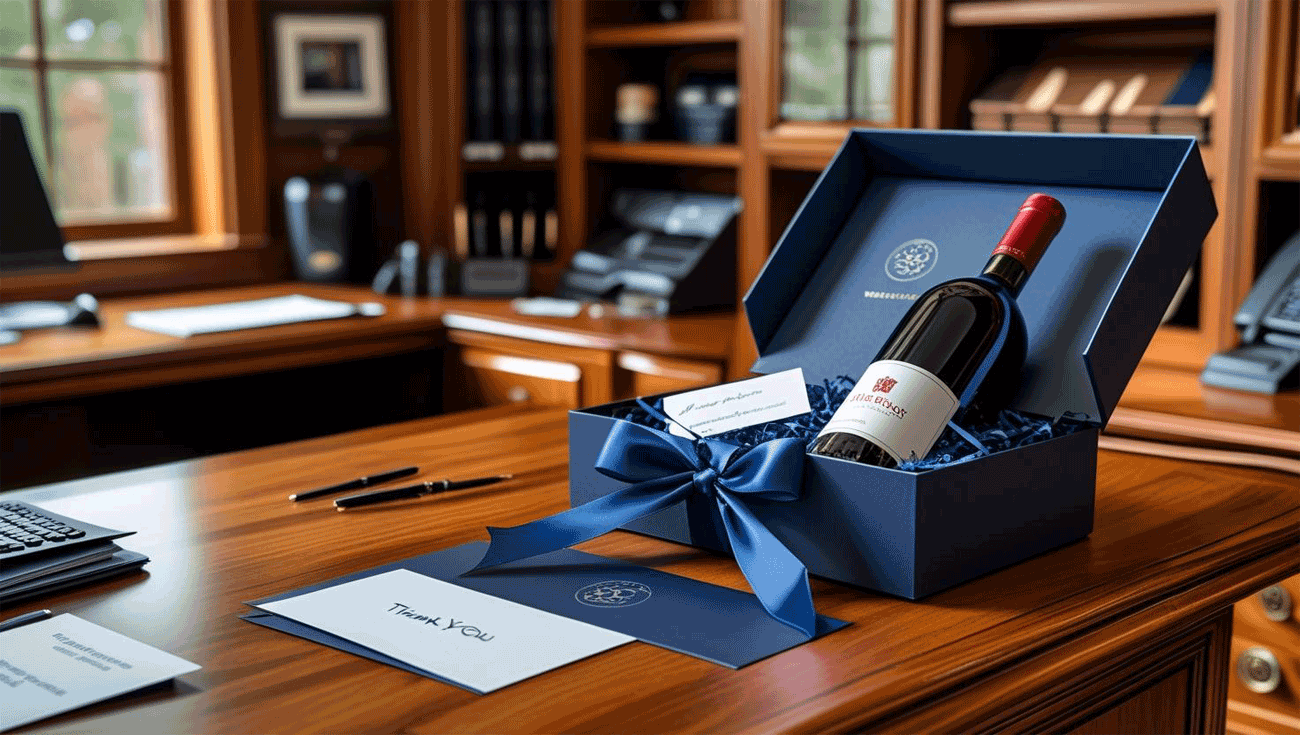 Send wine as a corporate gift with ribbon and thank-you note